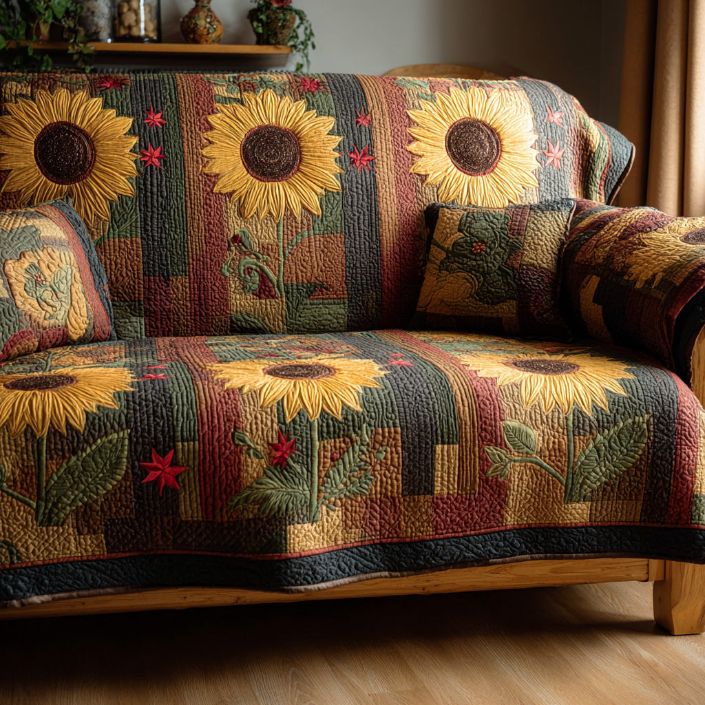 Sunflower Stripes quilted sofa cover – sunflowers on striped patchwork