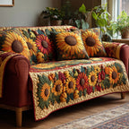 Autumn Sunflower Border quilted sofa cover – sunflower and red bloom border
