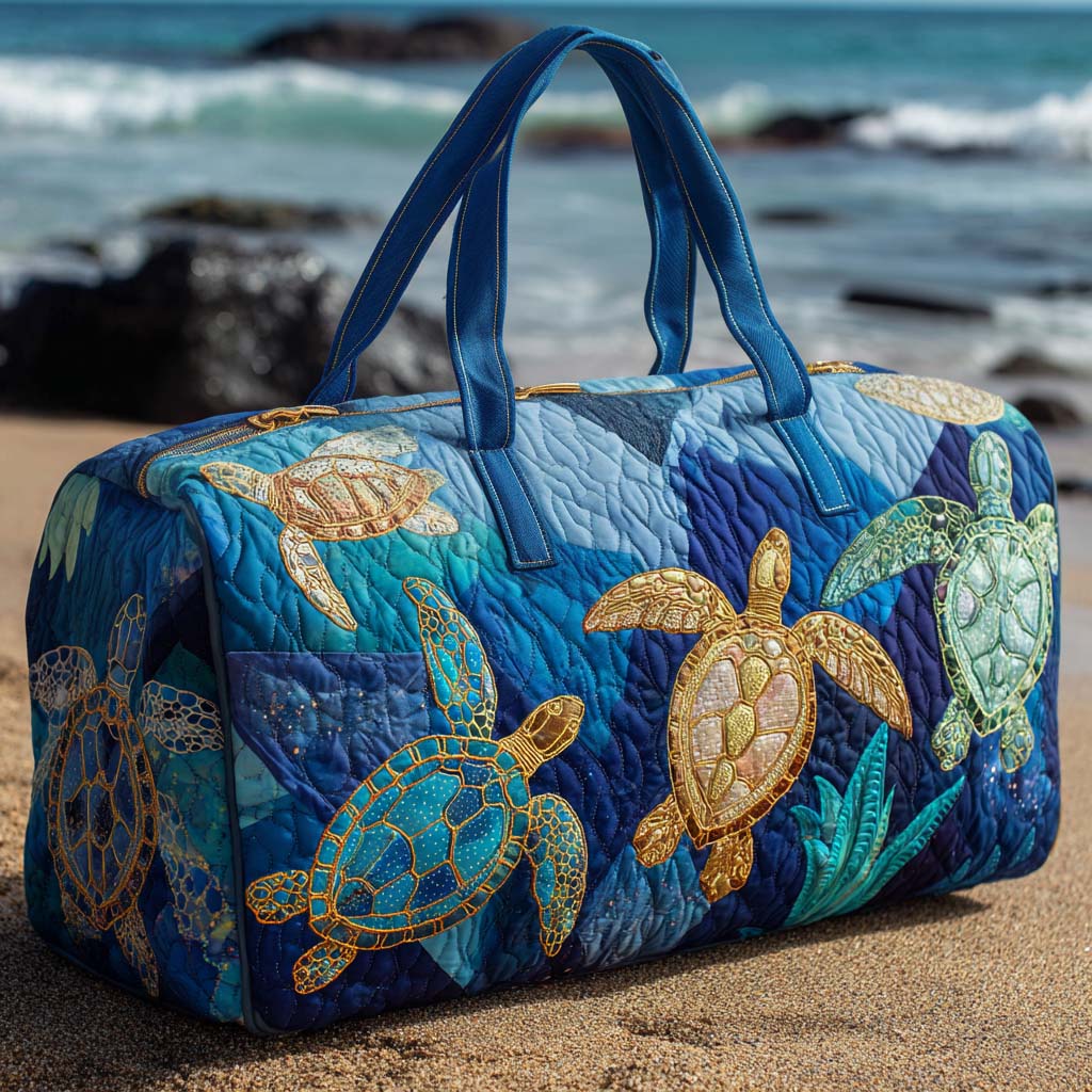 Golden Swim Turtles quilted weekend bag – turtles in waves