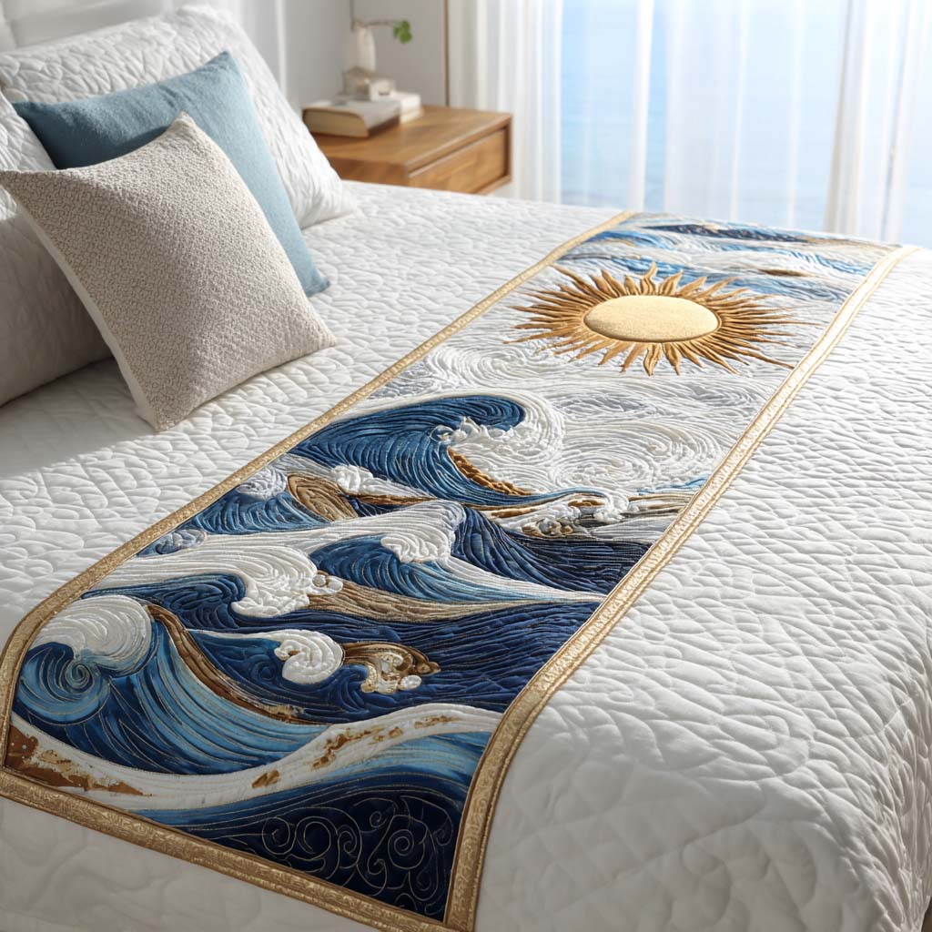 Golden Sun Waves quilted bed runner – golden sun over curling navy waves