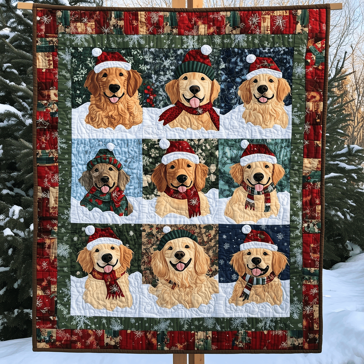 Retriever Yuletide art quilt – retrievers at Christmas