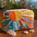 Quilted make-up bag with a Good Vibes design of peace signs, toadstools and bold retro flowers in seventies colours