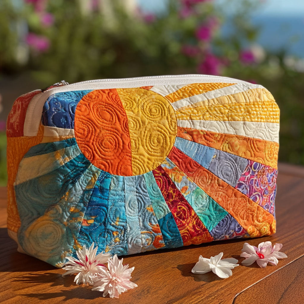 Quilted make-up bag with a Good Vibes design of peace signs, toadstools and bold retro flowers in seventies colours