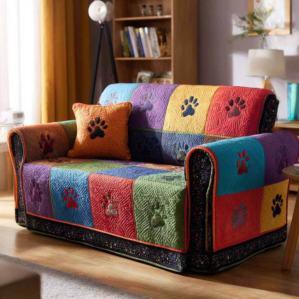 Rainbow Paw Squares quilted sofa cover – paw prints in rainbow squares