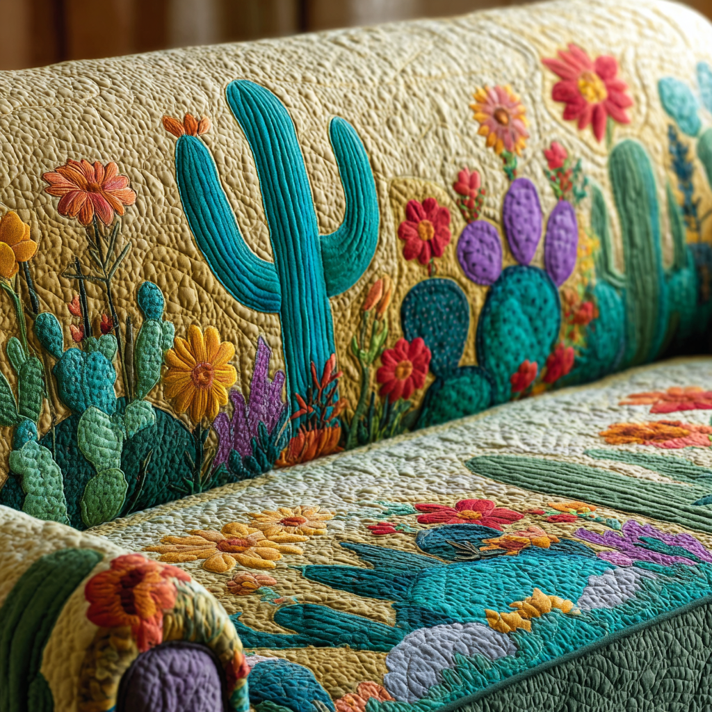 Cactus Flower Garden quilted sofa cover – cacti among colourful flowers