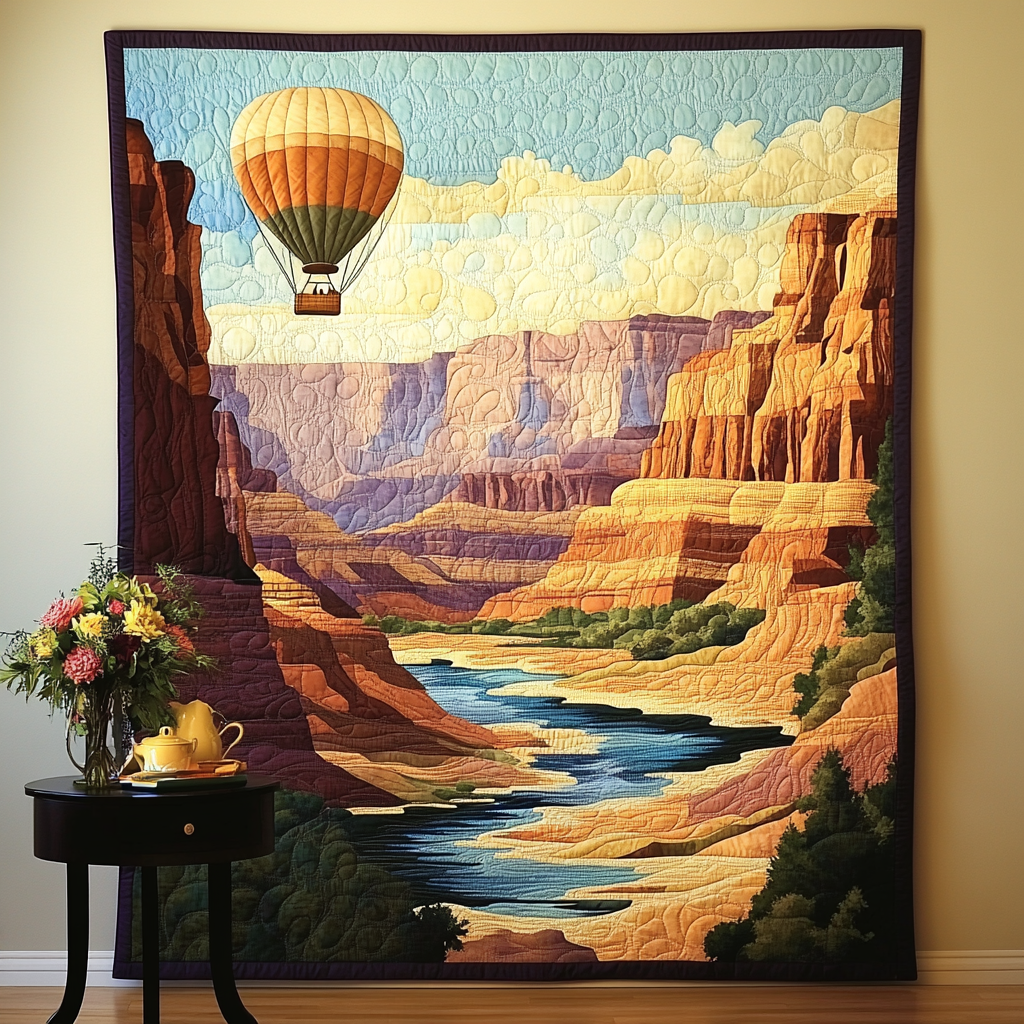 Balloon River Canyon art quilt – balloon over the river