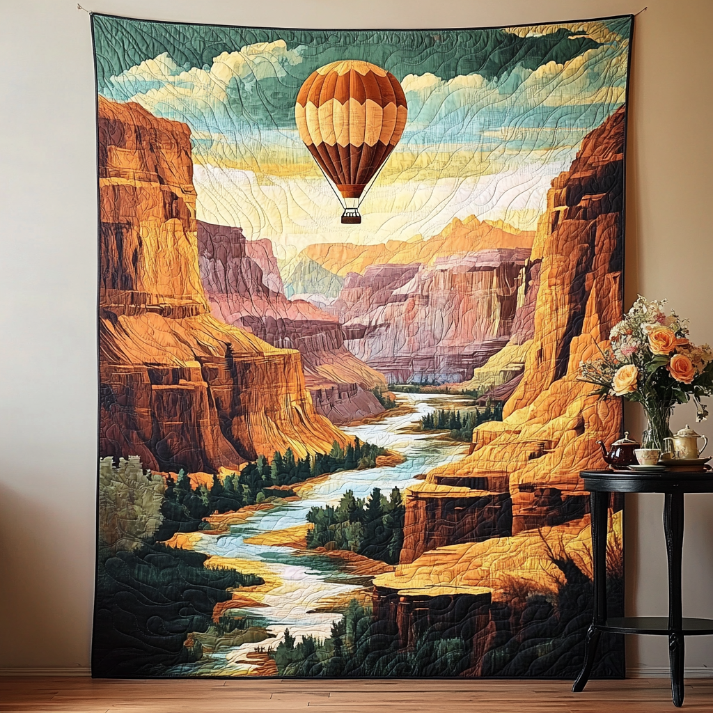 Canyon Balloon Morning art quilt – balloon over a golden canyon