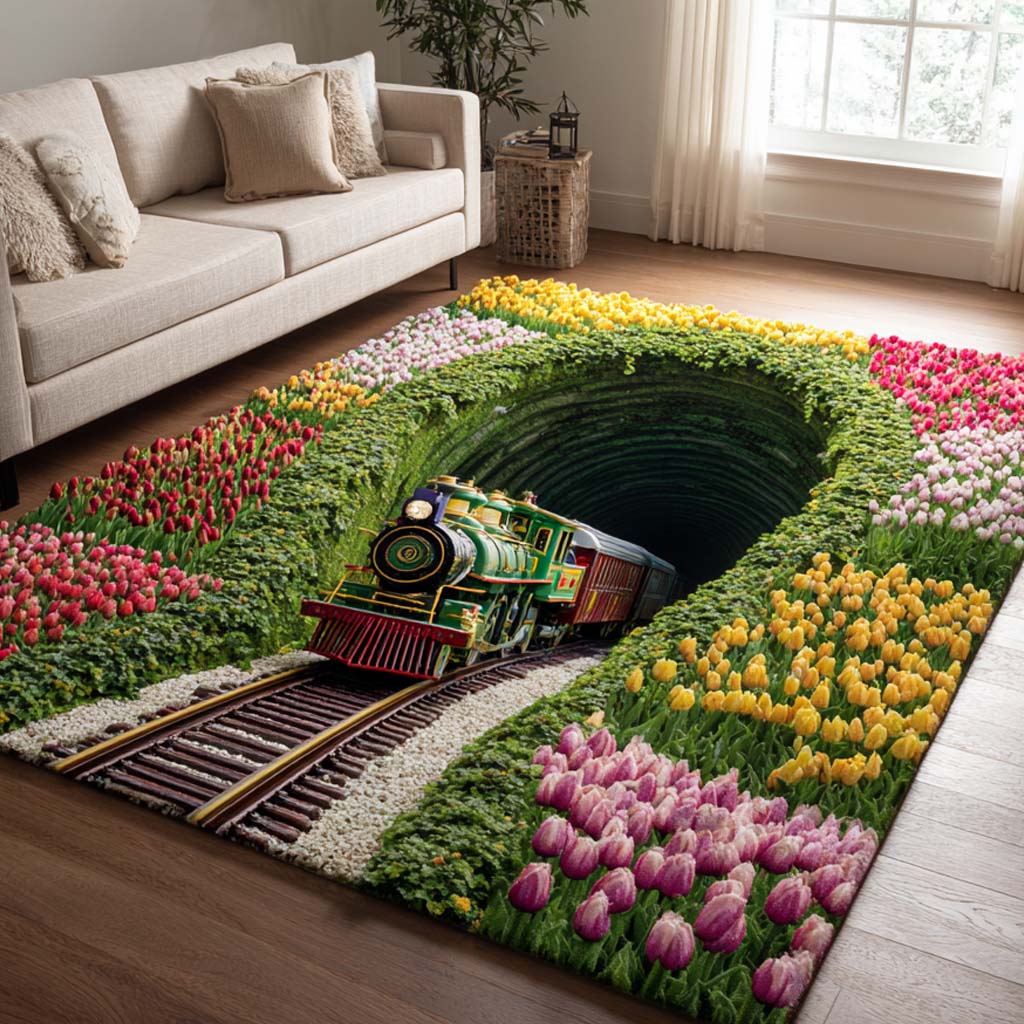 Green Portal rug – train from a flower tunnel