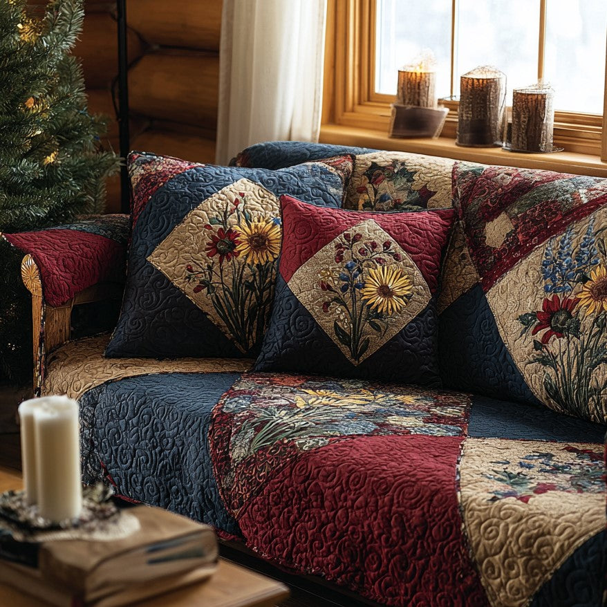 Harvest Diamond Florals quilted sofa cover – flowers in navy and burgundy diamonds