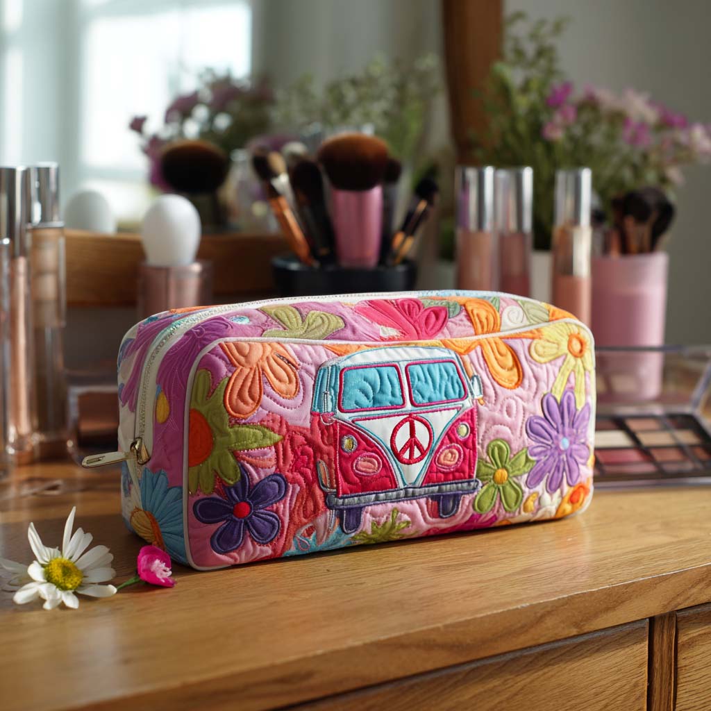 Quilted make-up bag with a Groovy Bloom Ride design showing a camper van rolling through oversized retro blooms in pink, orange and green