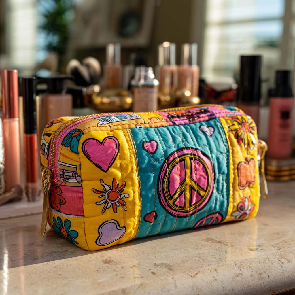 Groovy Patch Love quilted make-up bag with peace sign, hearts and flowers on bright retro patchwork