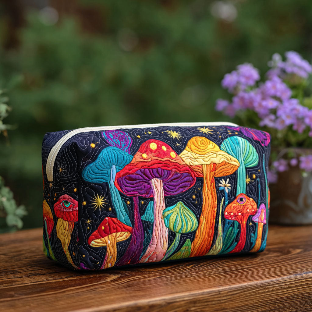 Quilted make-up bag with a Groovy Shroom design of toadstools in red, mustard and deep pink amongst curling seventies swirls
