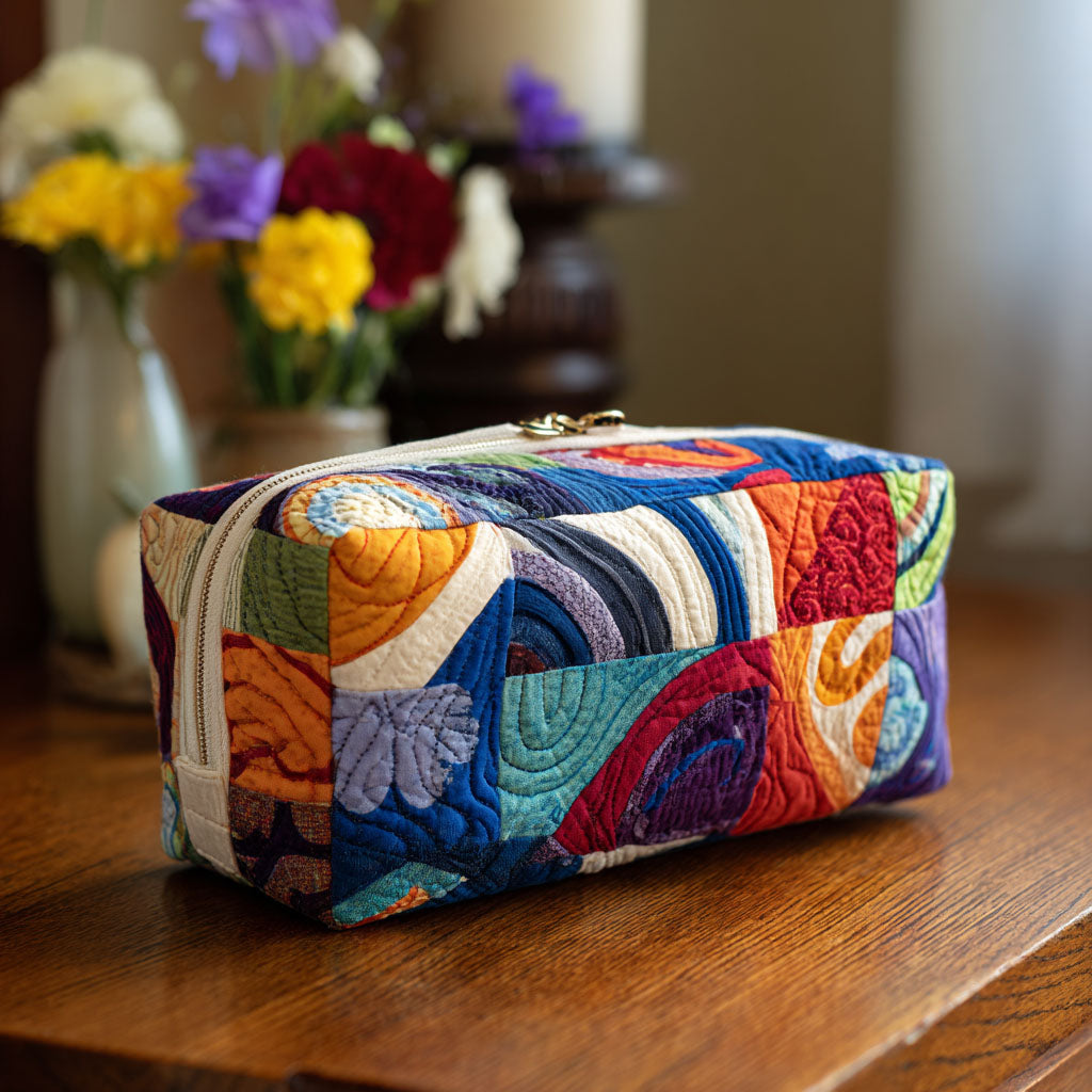 Quilted make-up bag with a Groovy Waves design of rolling retro waves in mustard, rust and cream with small toadstools between them