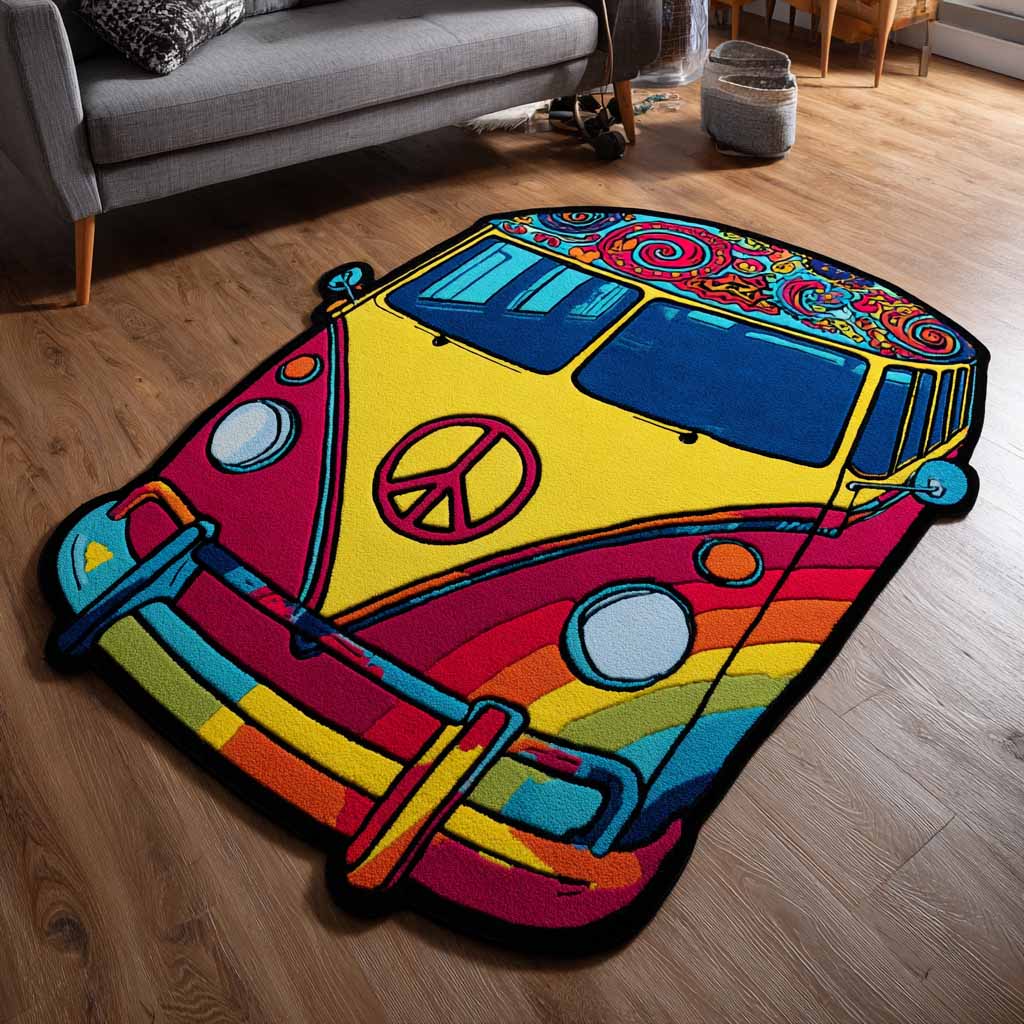 Groovy Wheels shaped rug – rainbow camper van