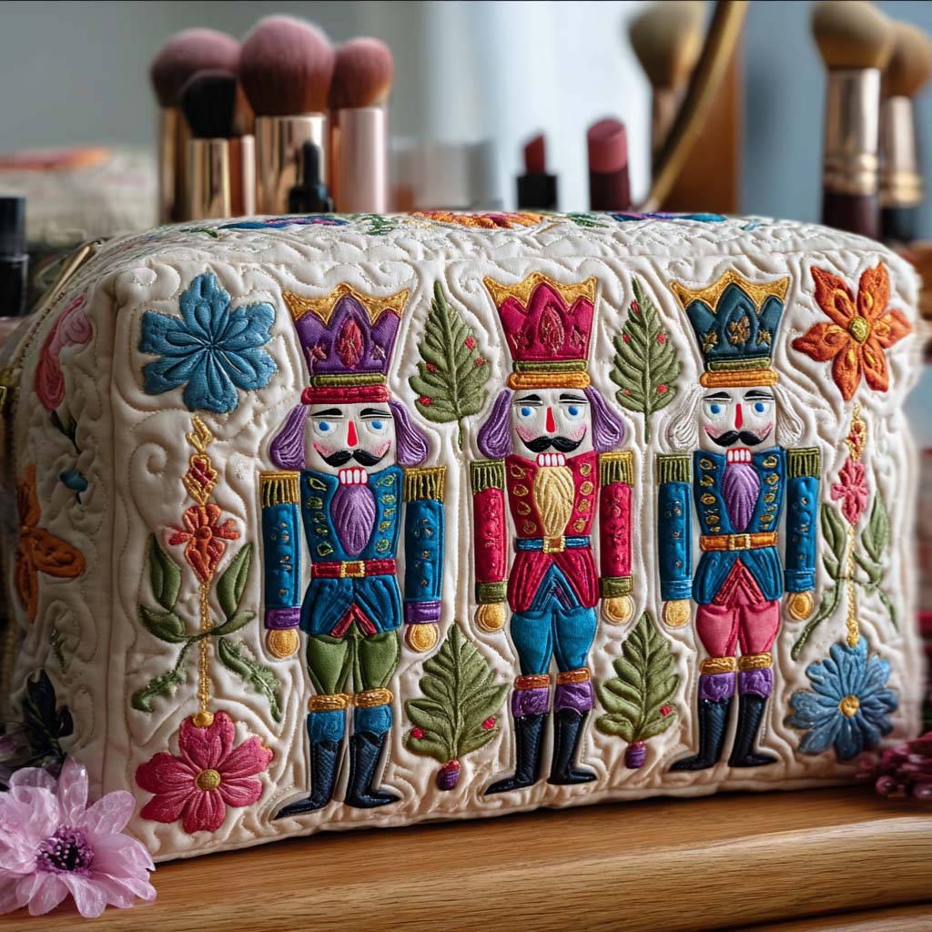 Quilted make-up bag with a Guard of Cheer design of nutcracker soldiers amongst holly, poinsettias and snowflakes
