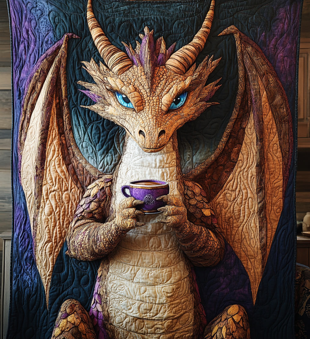 Tea Time Dragon quilted throw – golden dragon holding a cup of tea