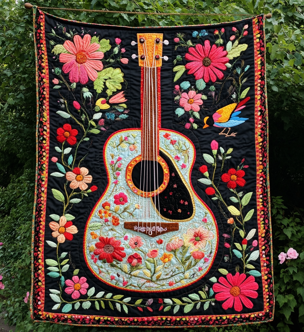 Floral Guitar art quilt – floral guitar