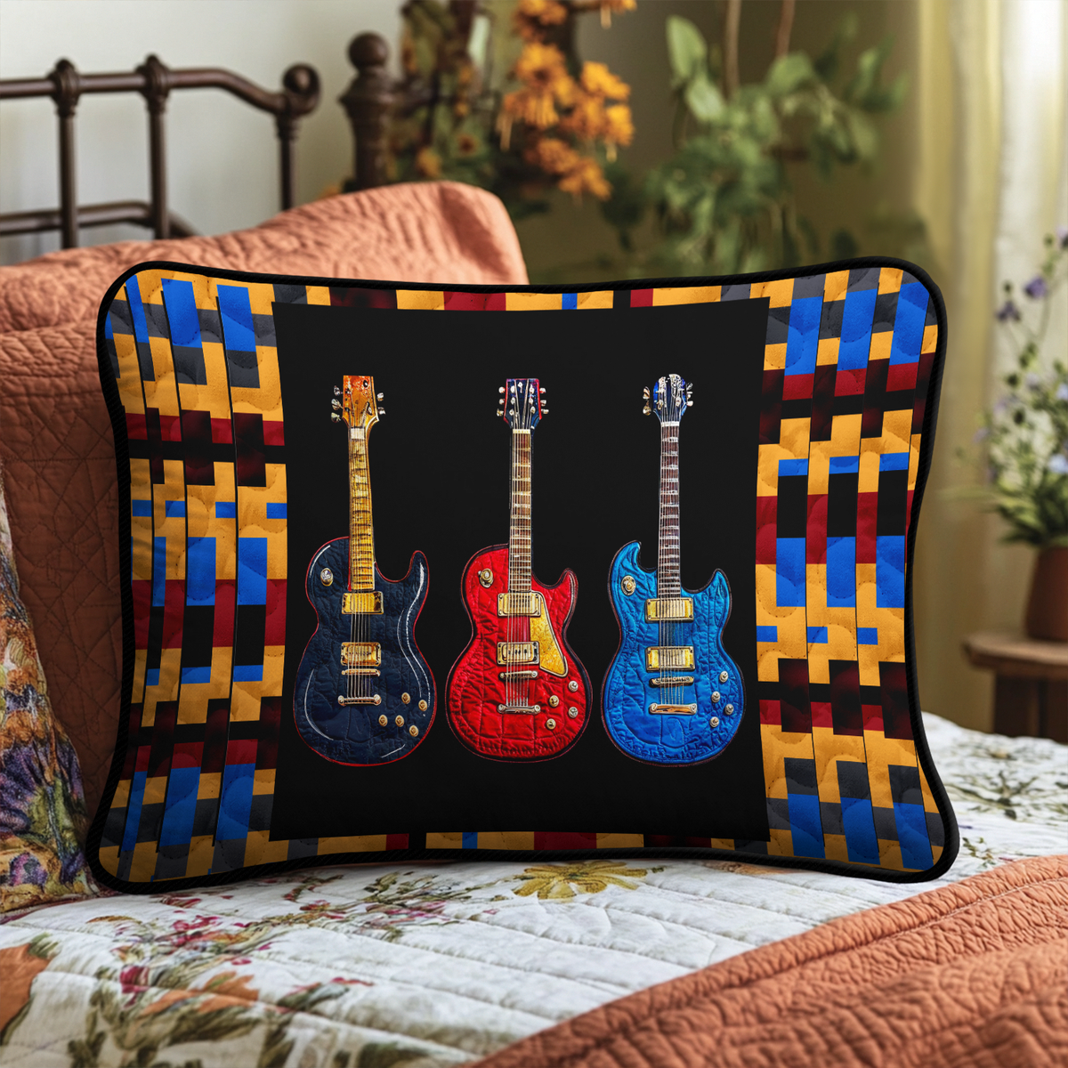 Guitar Trio quilted pillowcase – three electric guitars with woven borders