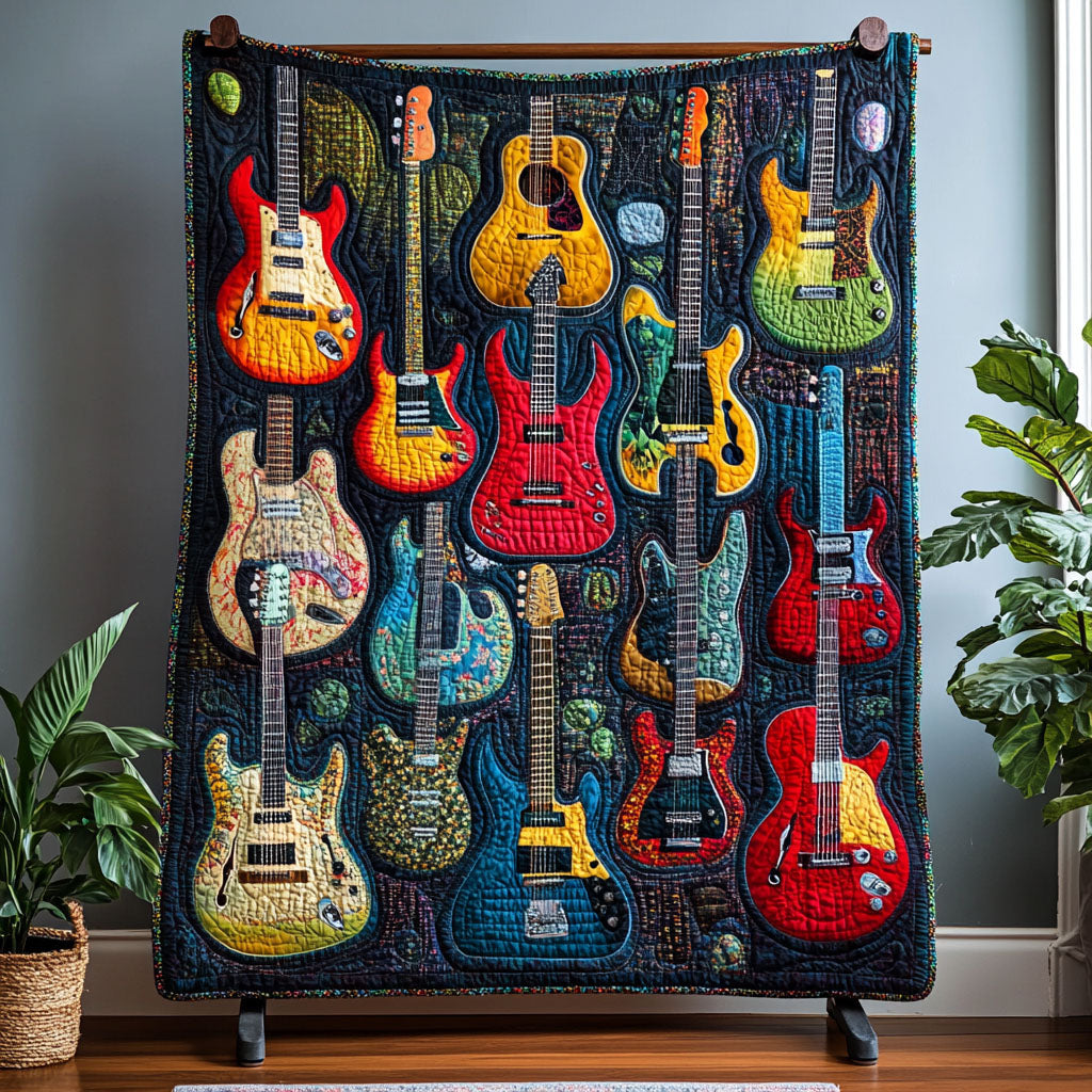 Electric Guitar Wall quilted throw – colourful electric guitars on navy