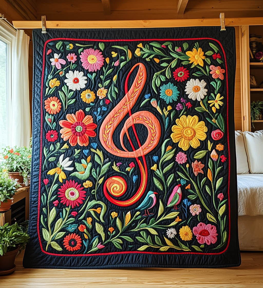 Treble Clef Garden art quilt – treble clef with flowers