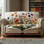 Storybook Garden quilted sofa cover – wildflowers rising from an open book