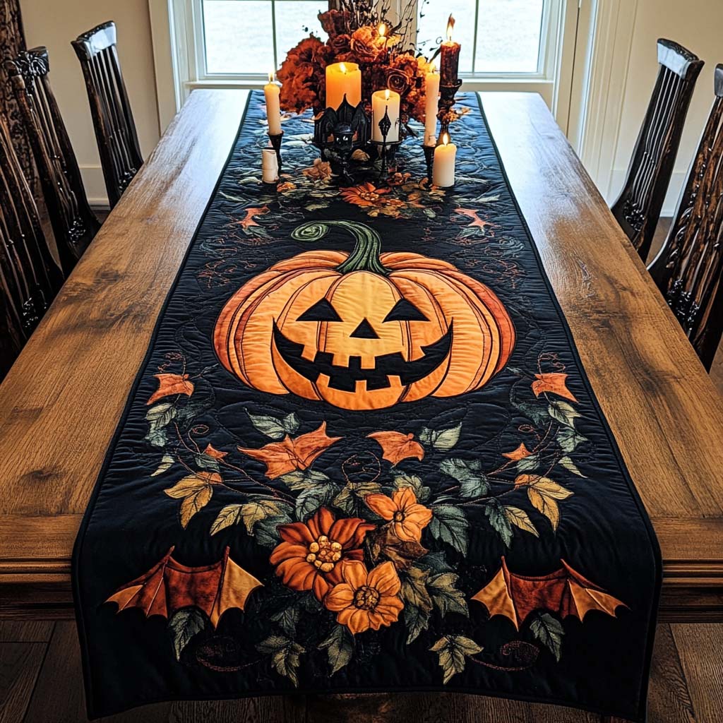 Quilted table runner with a Halloween Cheer design of pumpkins, black cats, bats and friendly ghosts in orange, purple and black