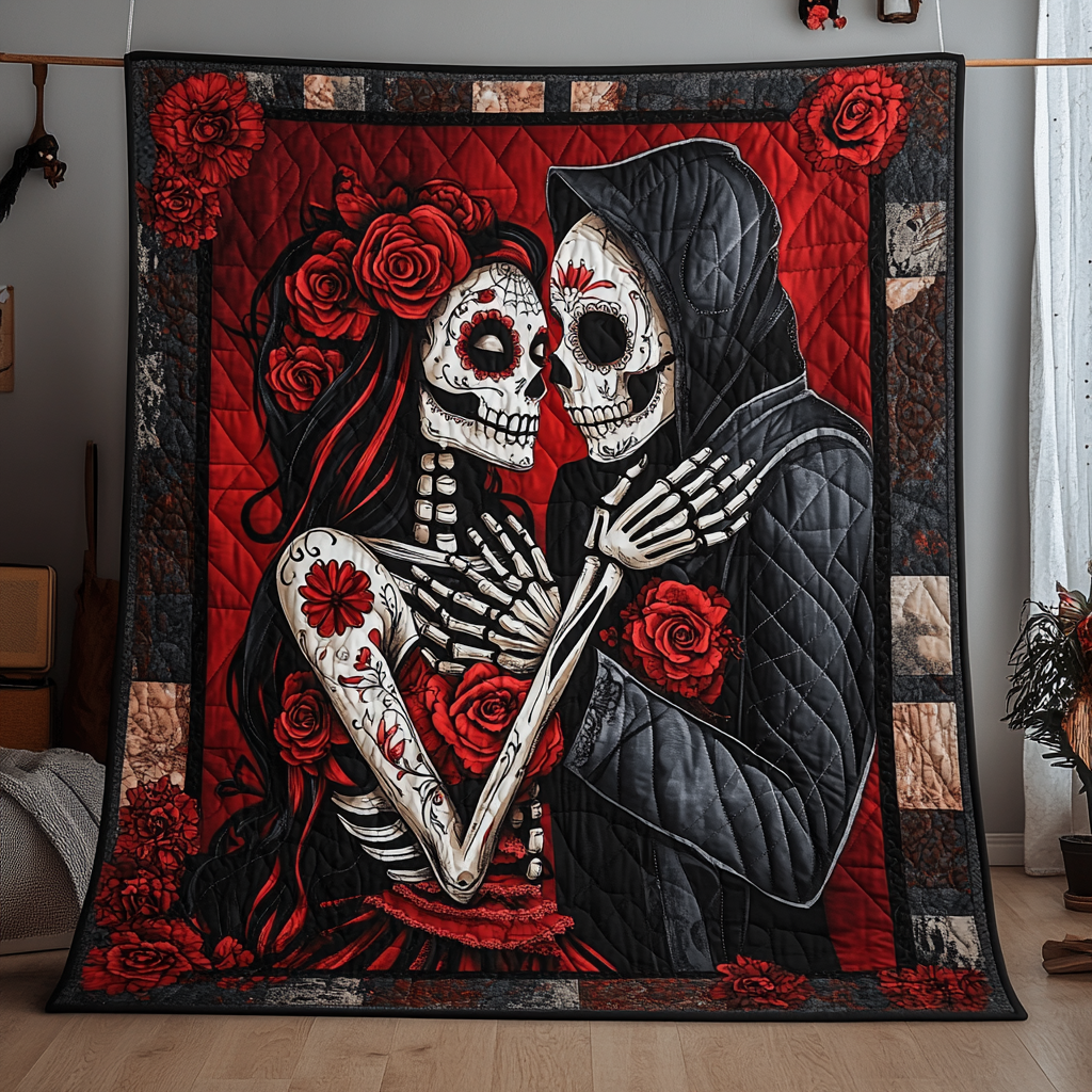 Skeleton Sweethearts quilted throw – skeleton couple embracing among red roses