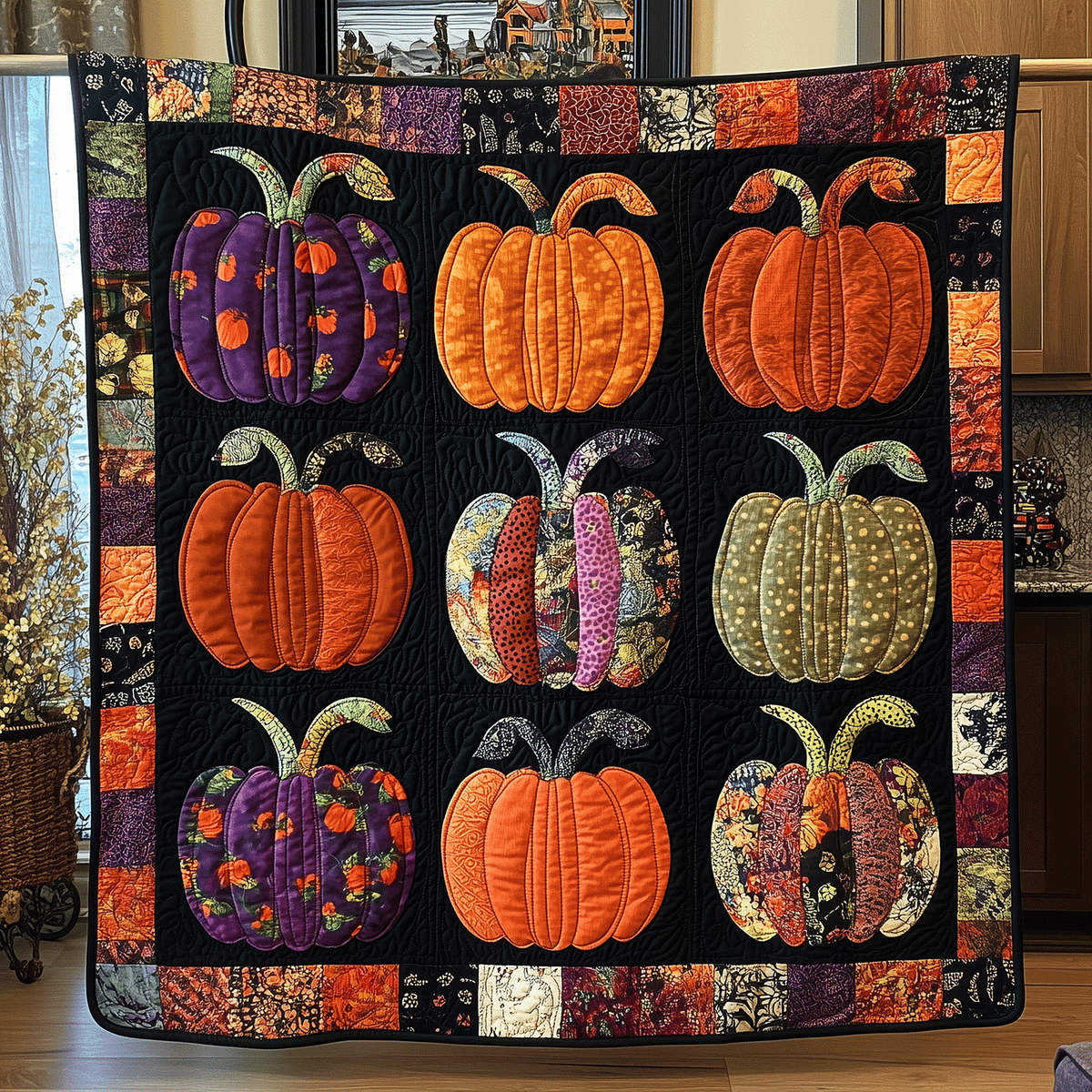 Halloween Pumpkins quilted throw – colourful pumpkins in black squares