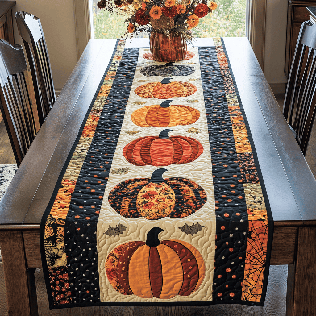 Pumpkin Circles quilted table runner – patterned pumpkins on cream