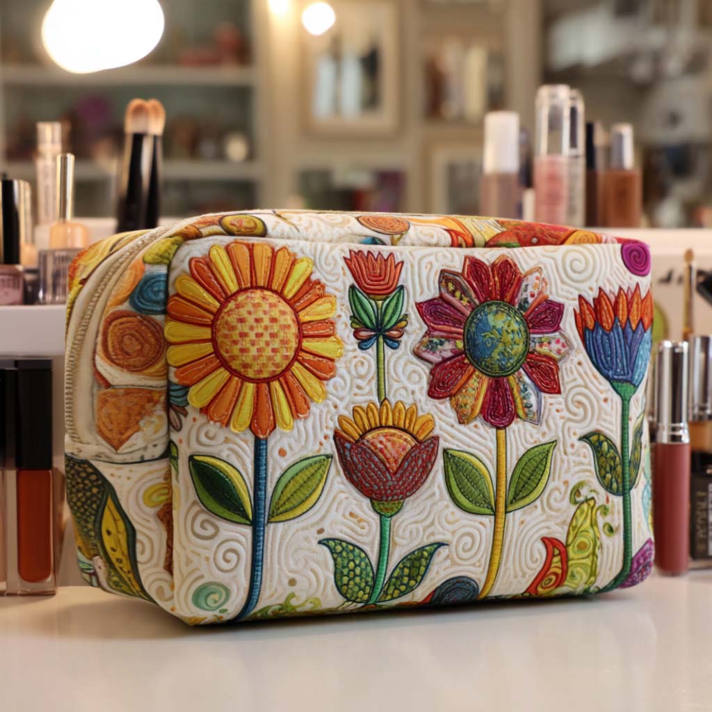 Quilted make-up bag with a Happy Bloom design of cheerful sunflowers turning their faces upwards on a warm background