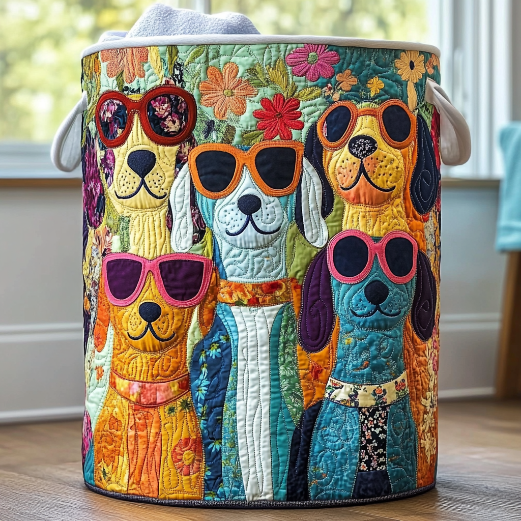Quilted laundry basket with cheerful dogs of every shape trotting in bright colours in the Happy Dogs design