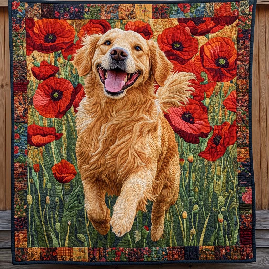 Retriever and Poppies quilted throw – golden Retriever bounding through poppies