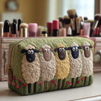 Happy Flock quilted make-up bag with row of fluffy sheep on green patchwork
