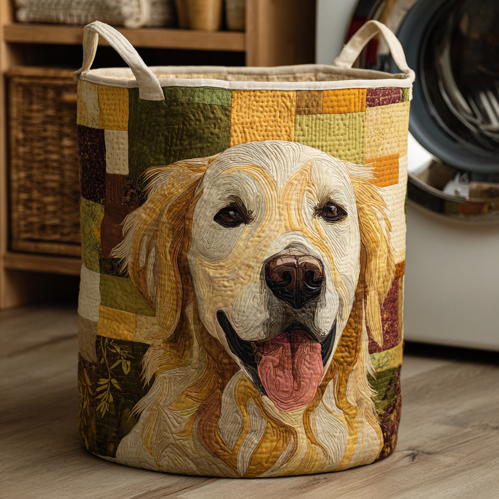 Quilted laundry basket with a happy golden retriever on patchwork squares
