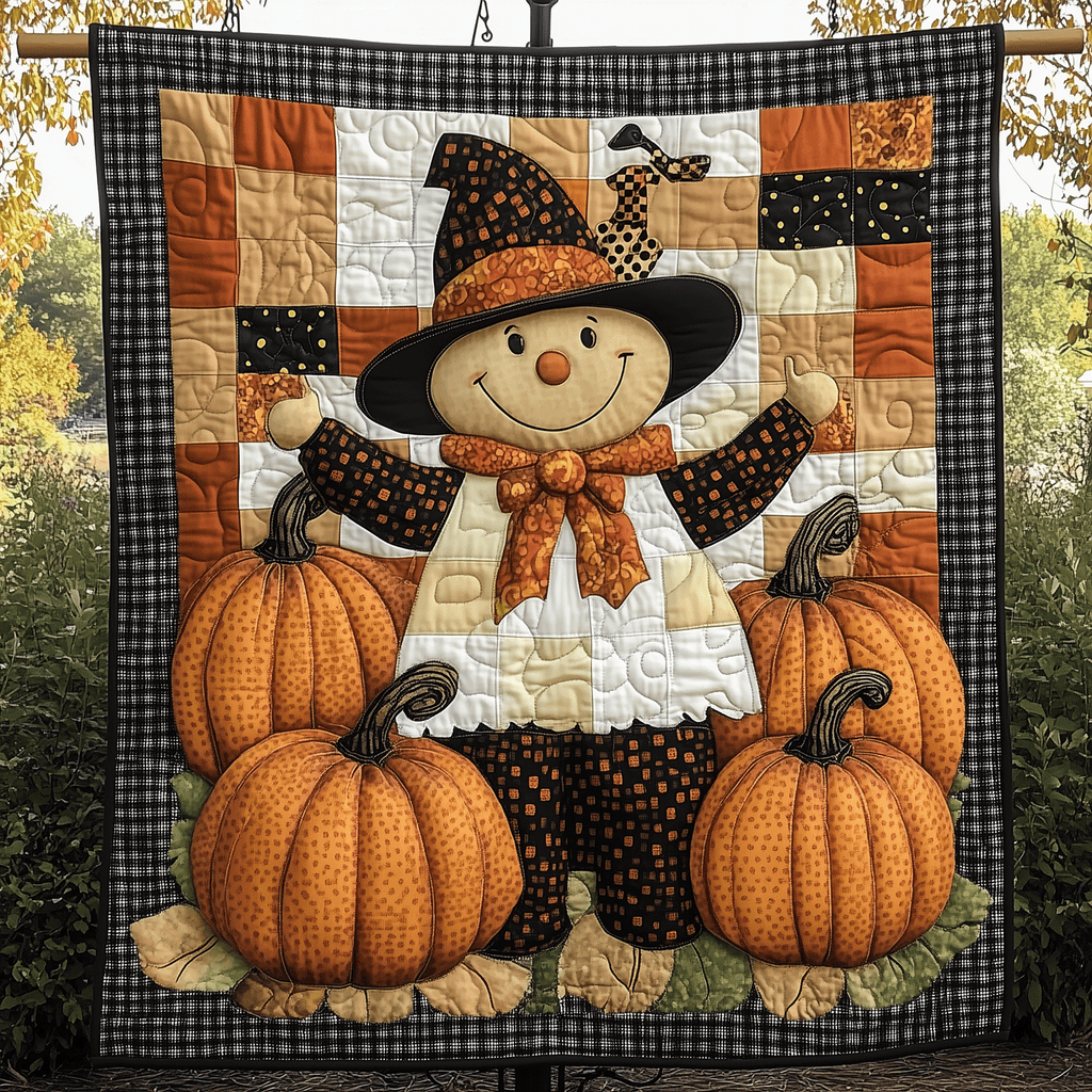 Harvest Scarecrow quilted throw – smiling scarecrow among pumpkins