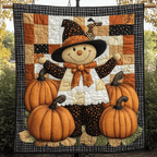 Harvest Scarecrow quilted throw – smiling scarecrow among pumpkins