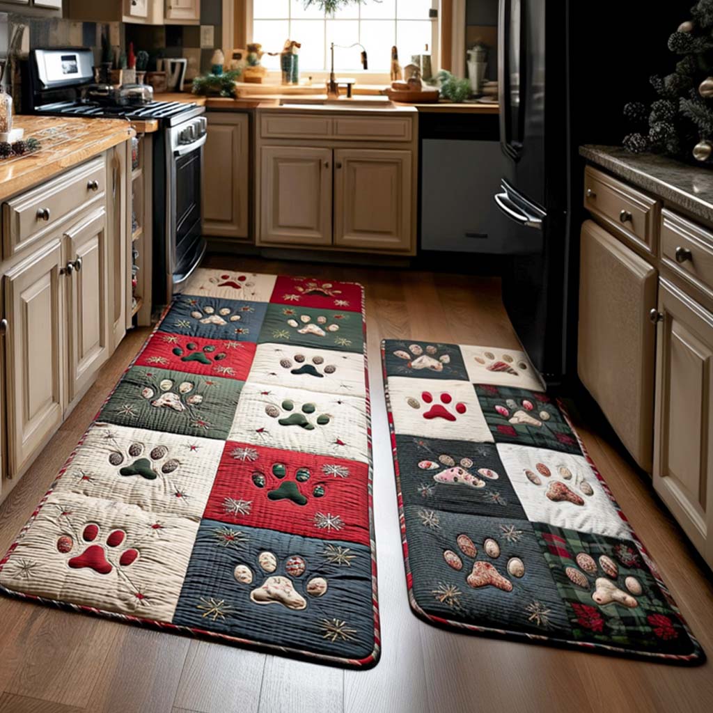 Red Paw Patchwork kitchen mat set – paw prints on red