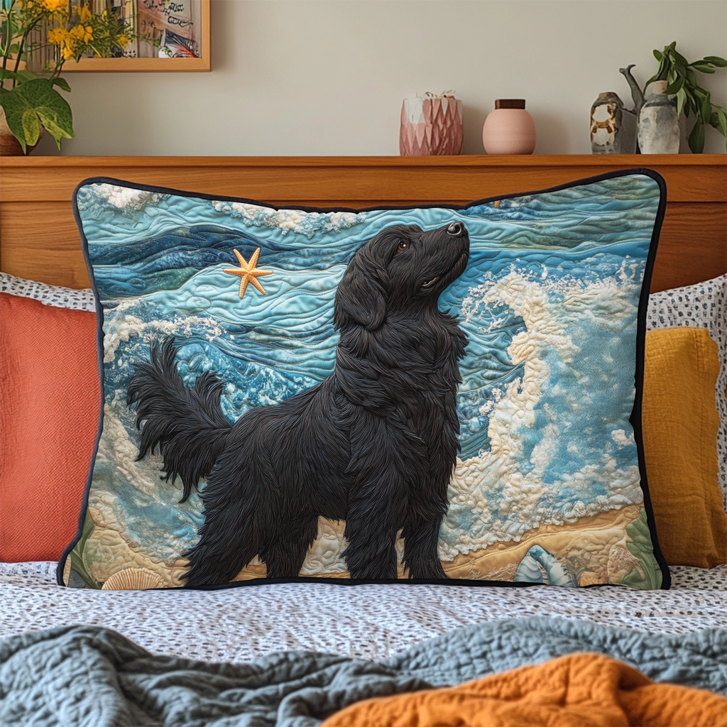 Black Dog by the Sea quilted pillowcase – black dog beneath a starry sky by the sea