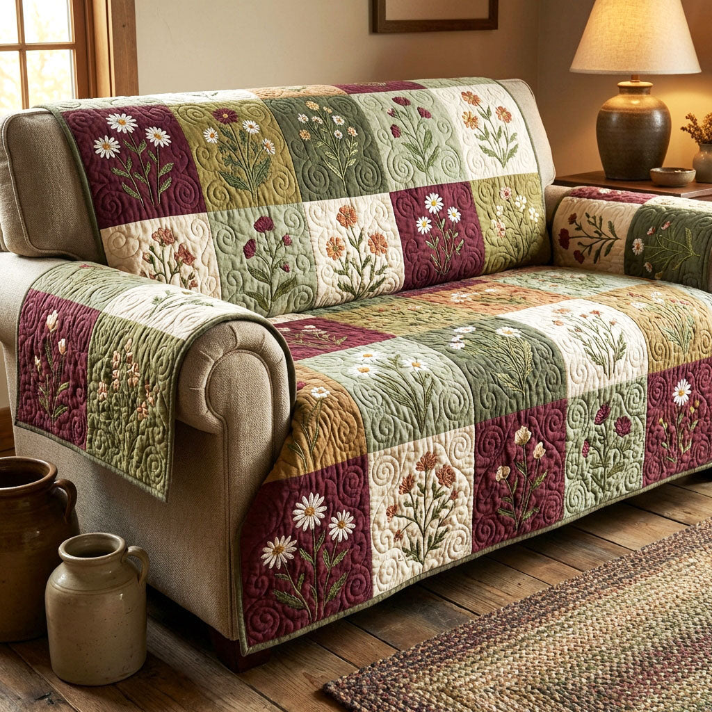 Sage Floral Patchwork quilted sofa cover – florals in sage and burgundy patchwork