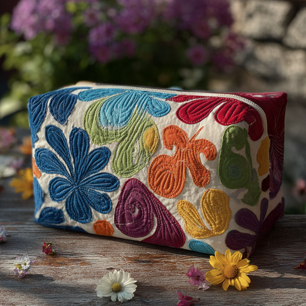 Quilted make-up bag with a Harmony Glow design of warm suns, toadstools and soft retro flowers in gentle golds, pinks and greens