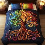Rainbow Tree of Life quilted bedspread set – rainbow-leaved tree of life on navy