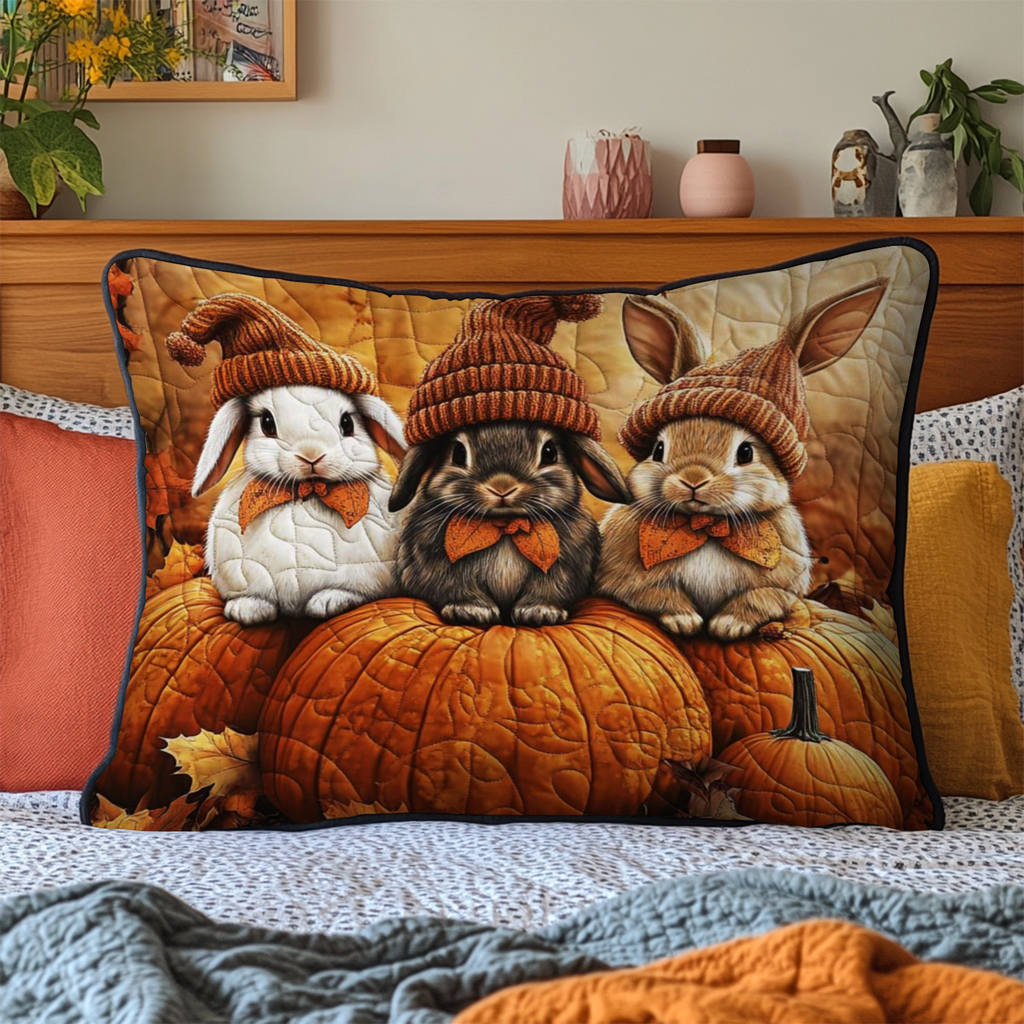 Harvest Bunnies quilted pillowcase – bunnies in knitted hats on a pumpkin