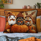Harvest Bunnies quilted pillowcase – bunnies in knitted hats on a pumpkin