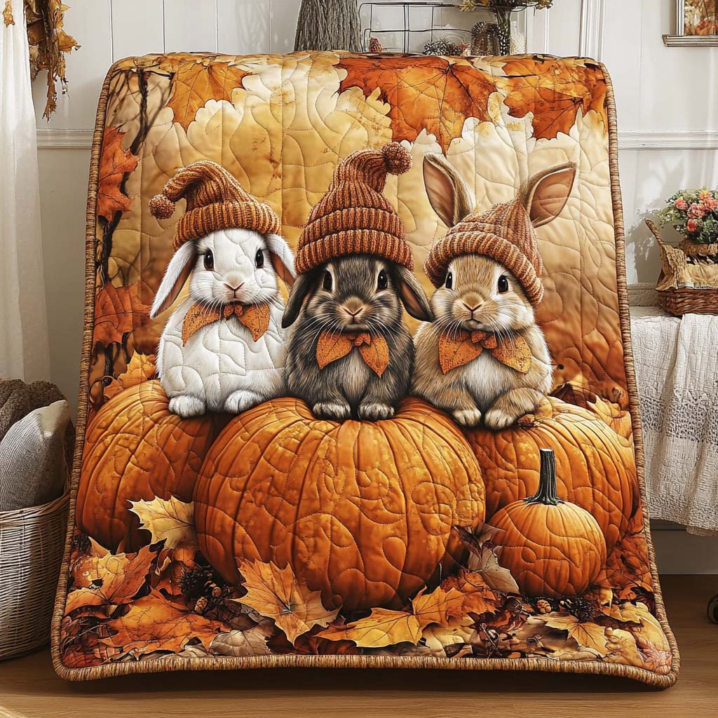 Harvest Bunnies quilted throw – bunnies in knitted hats on pumpkins