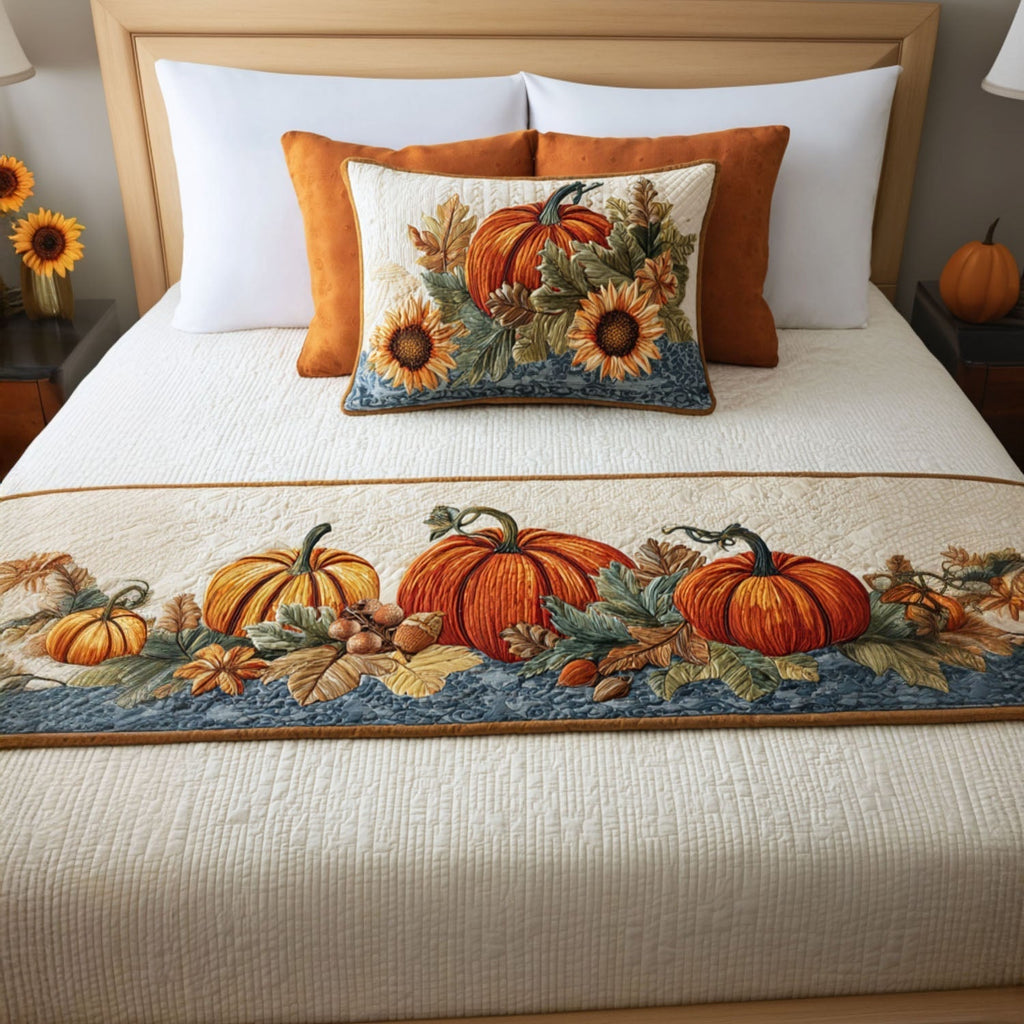Pumpkins and Sunflowers on Blue quilted bed runner – pumpkins and sunflowers with a blue band