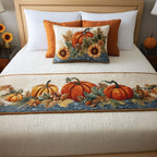 Pumpkins and Sunflowers on Blue quilted bed runner – pumpkins and sunflowers with a blue band
