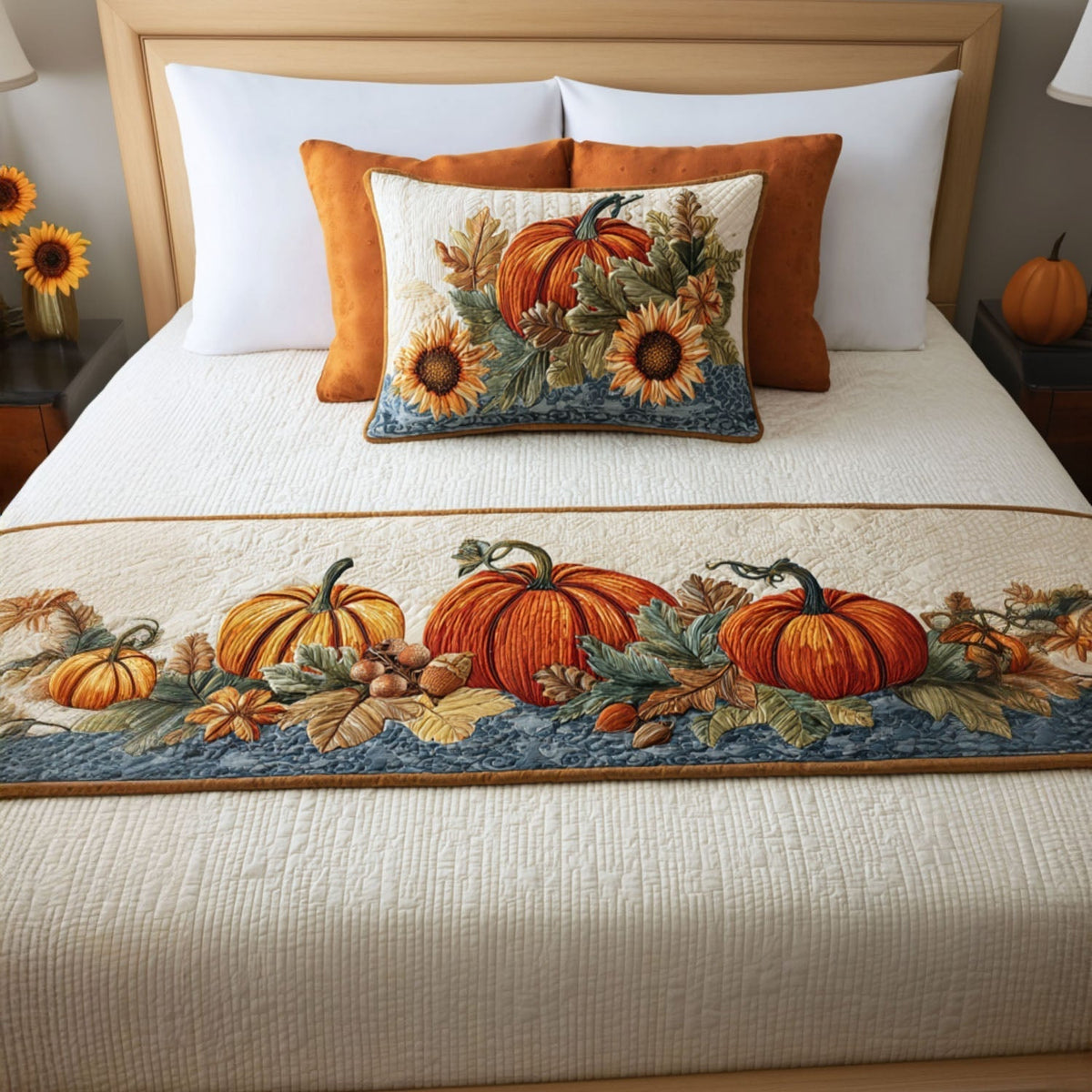 Pumpkins and Sunflowers on Blue quilted bed runner – pumpkins and sunflowers with a blue band