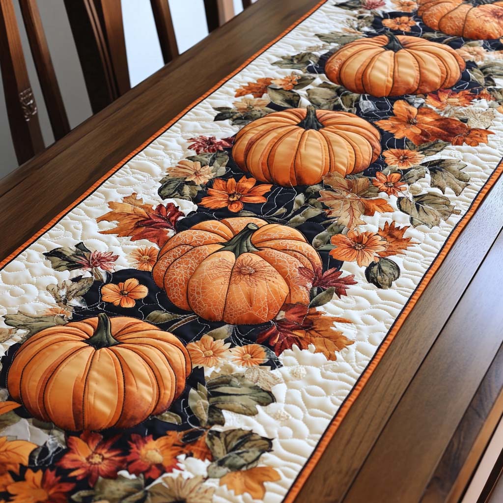 Pumpkin Leaf Mosaic quilted table runner – pumpkins among autumn leaves