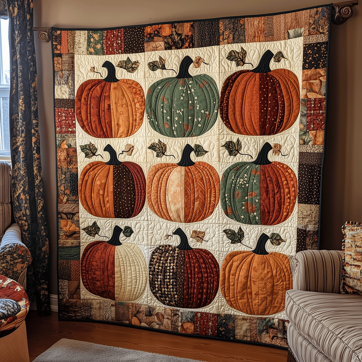 Harvest Pumpkins quilted throw – rust and green pumpkins in cream squares