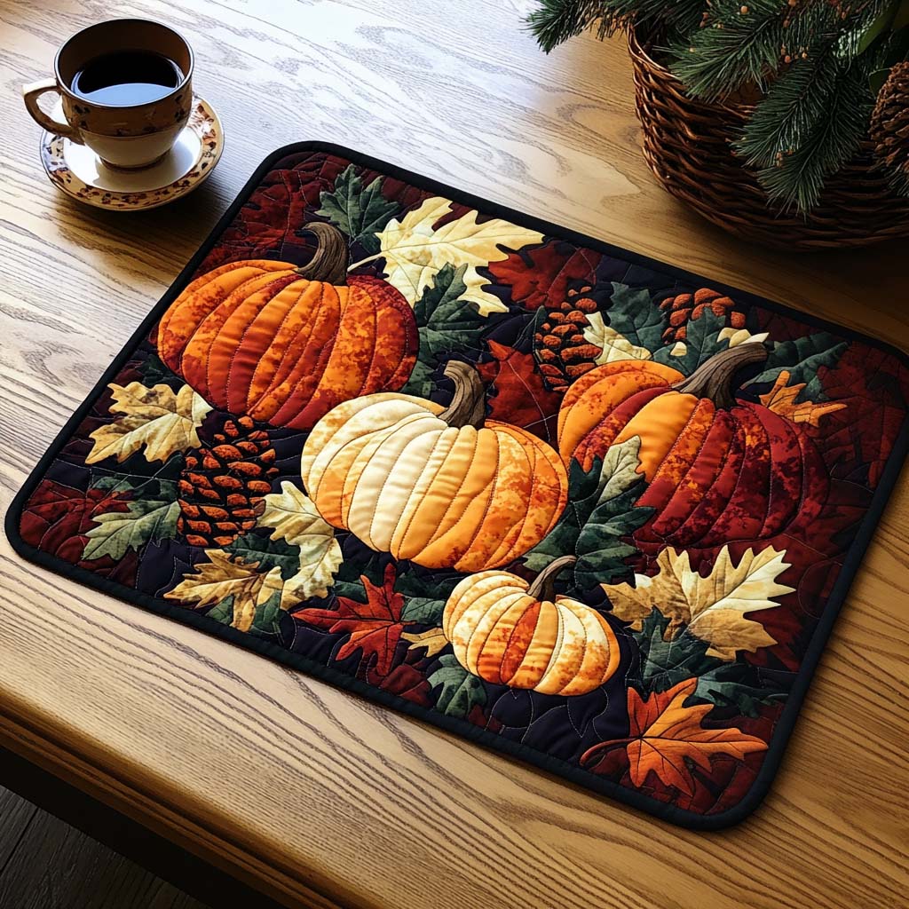 Harvest Pumpkins quilted placemats – pumpkins and pine cones